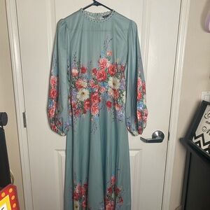 SHEIN Floral Long Sleeve Maxi Dress - Tiffany Blue w Pink and Red Flowers